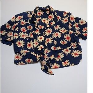 Joan Walters Vintage Floral Daisy Tie Front Crop Top Navy Blue Short Sleve Sz 10